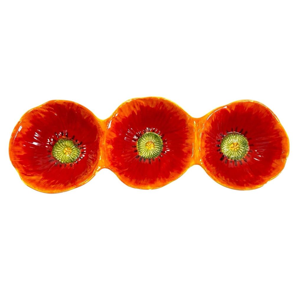 Maxcera Colorful Poppies Vibrant‎ 3 Bowl Serving Dish Spring Festive Chips Nuts